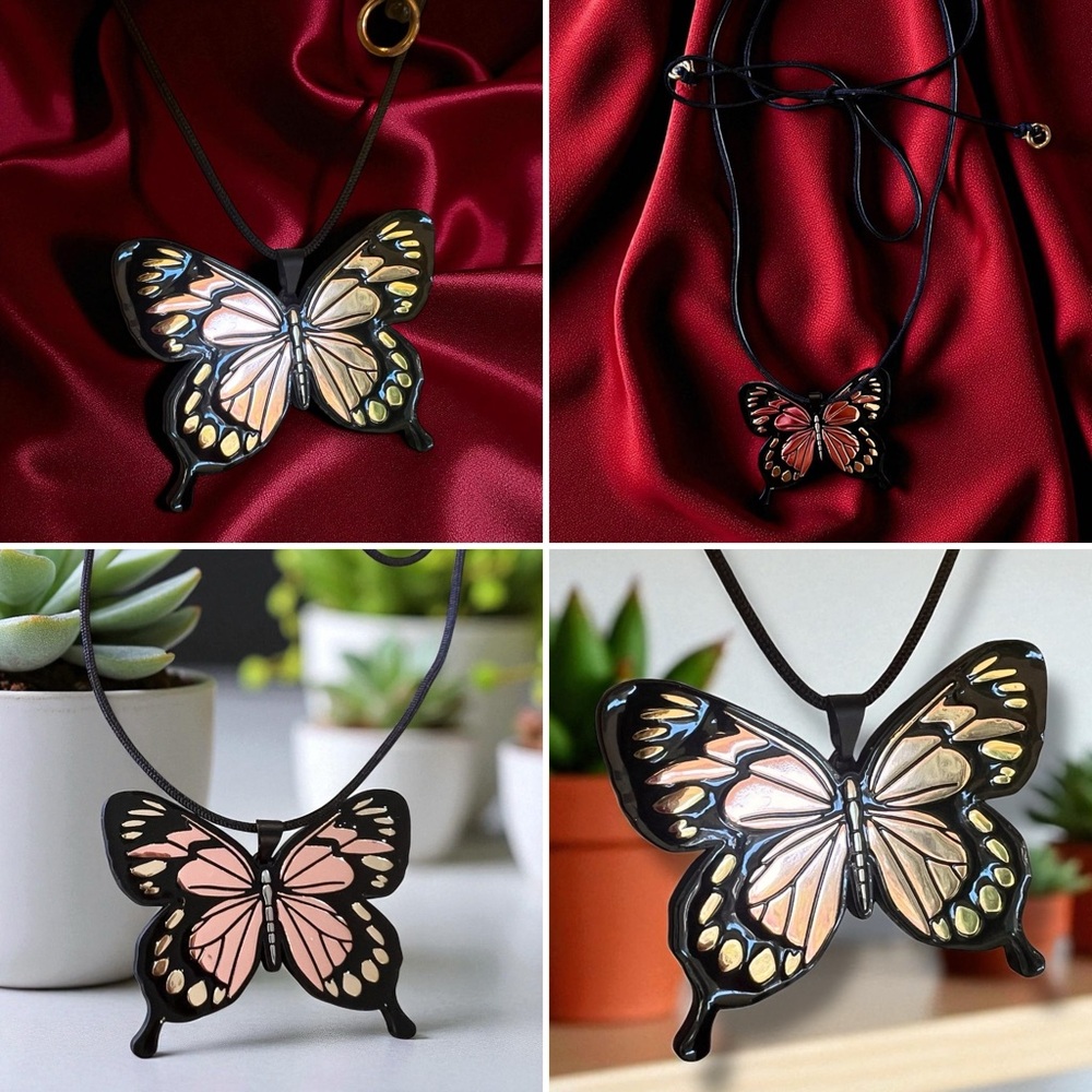 Chic Black Rose Gold and Gold Toned Wrap Butterfly Pendant Necklace - Picture 17 of 17